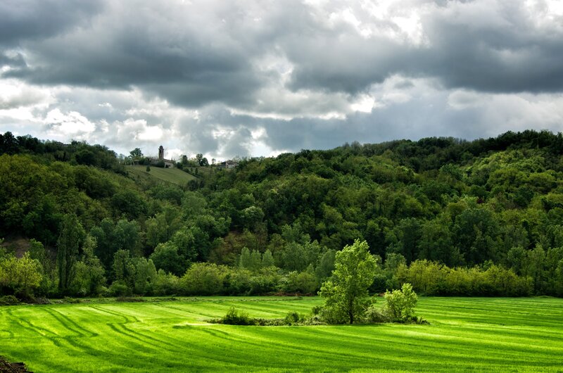 Green Field with Trees — Dramatic, Afternoon, Photograph, Hills, Clouds, Building