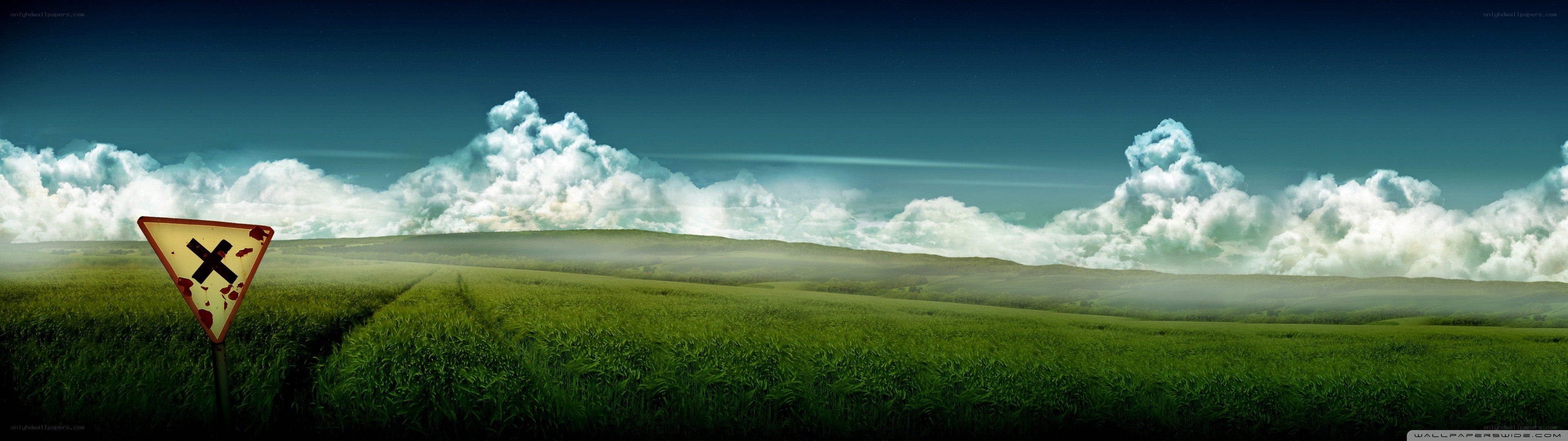 Green field with warning sign