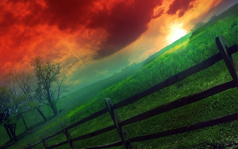Green Field with Wooden Fence — Red