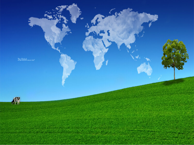 Green field with world map clouds