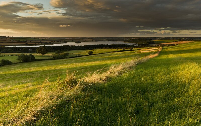 Green Fields and Lake — Serene, Sunset