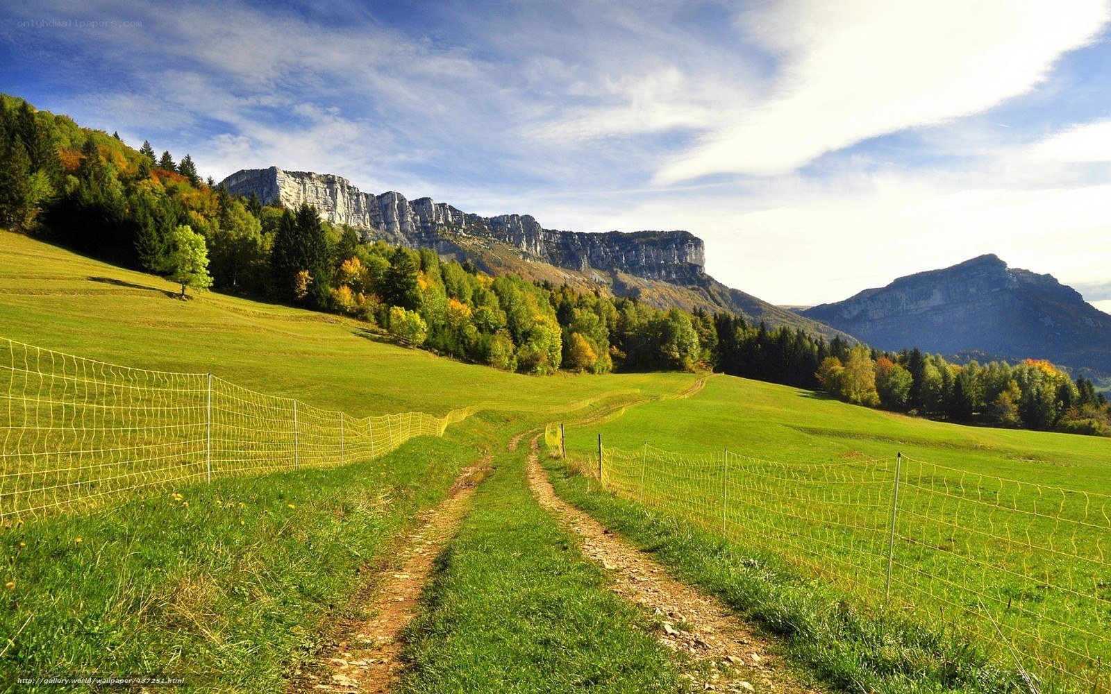 Green fields and mountain cliffs