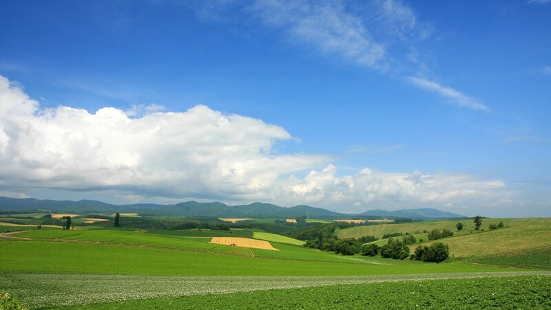 Green Fields and Mountains — Blue, Serene, Afternoon, Photograph, Clouds