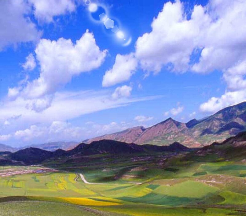 Green Fields and Mountains — Blue
