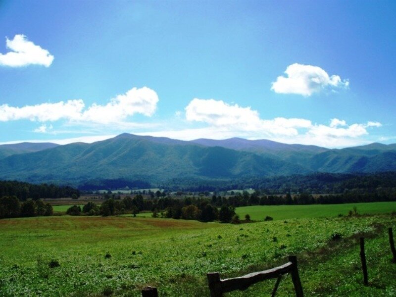 Green Fields and Mountains — Serene, Afternoon, Photograph, Clouds, Fence