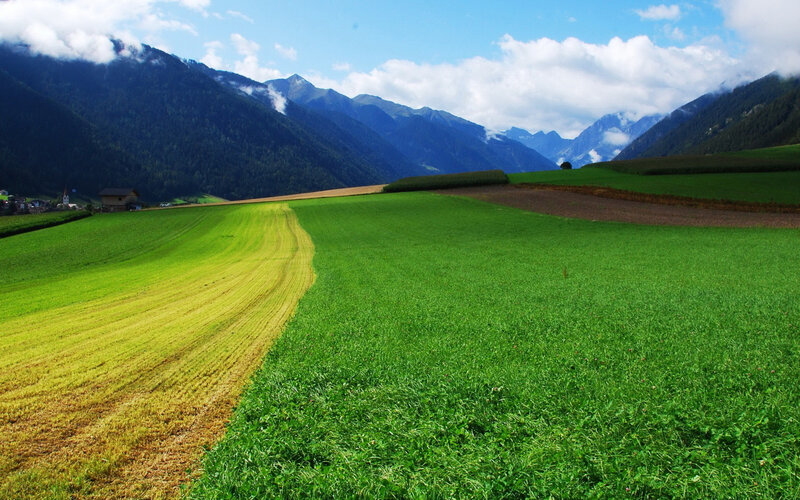 Green Fields and Mountains — Serene, Afternoon, Photograph, Clouds