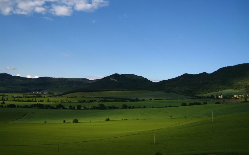 Green Fields and Mountains — Serene, Afternoon, Photograph, Trees, Sky