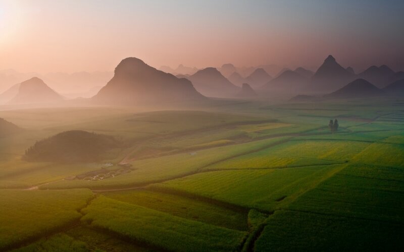 Green Fields and Mountains — Serene, Sunrise