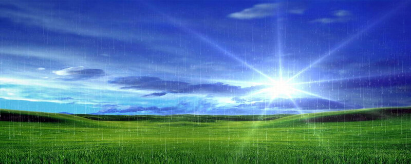Green fields under a bright sky