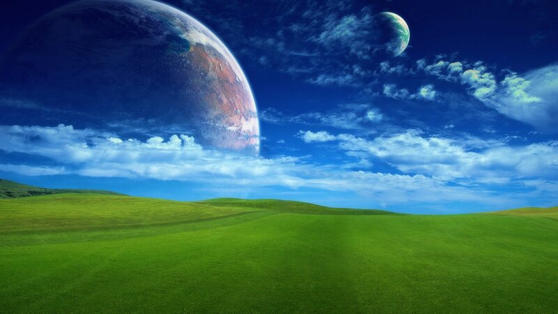 Green fields under alien sky