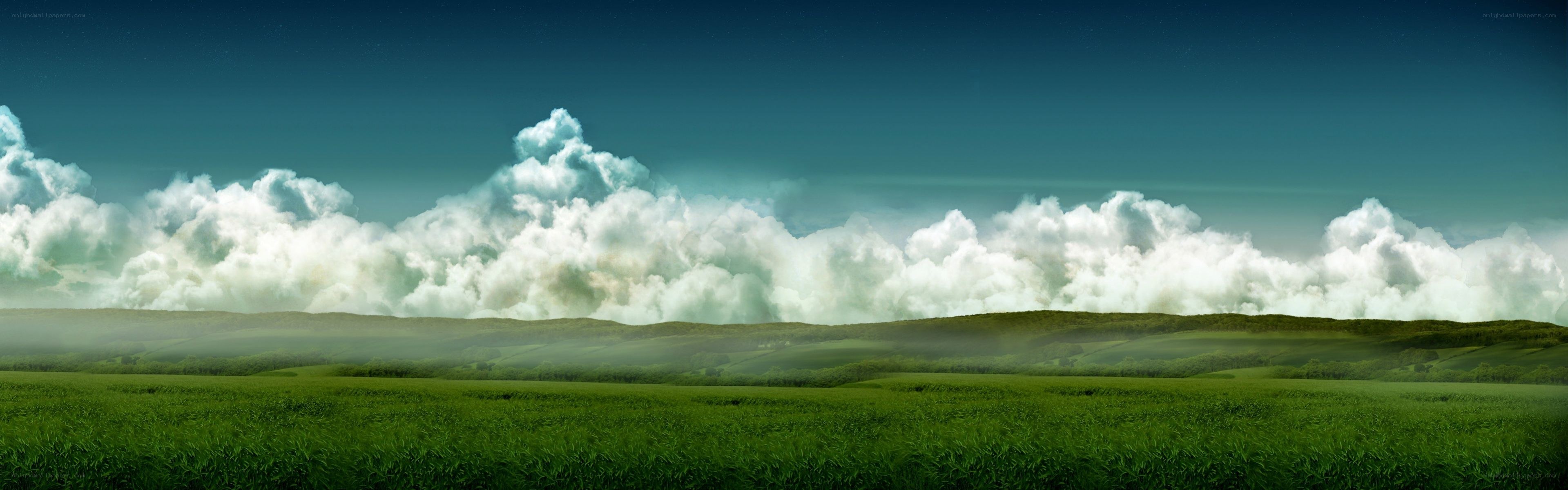 Green fields under cloudy sky