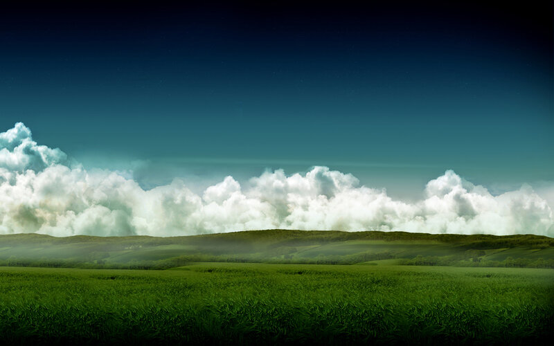 Green fields under cloudy sky