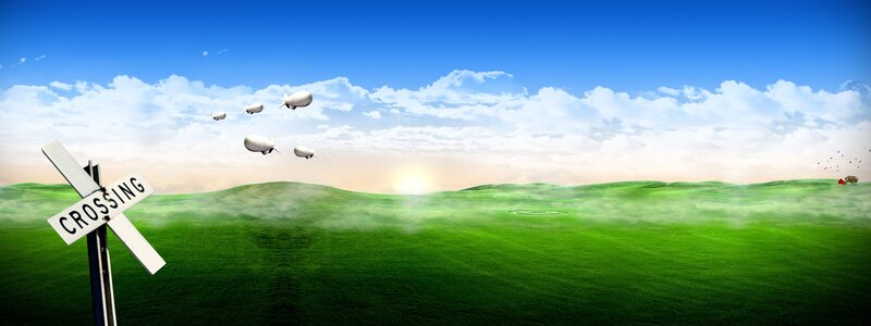 Green fields with airships