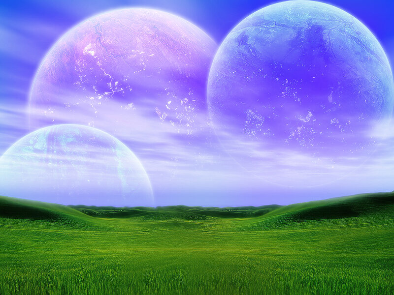 green fields with three planets