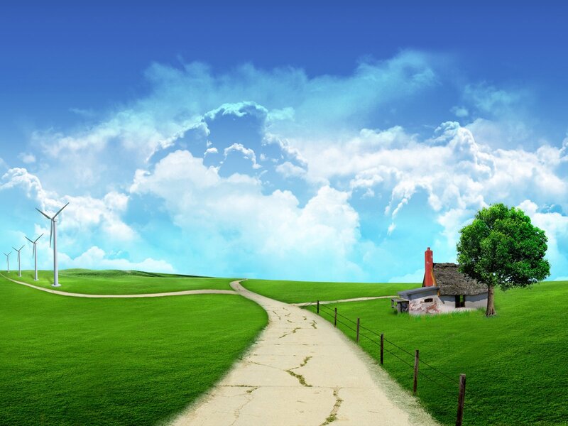 Green fields with wind turbines