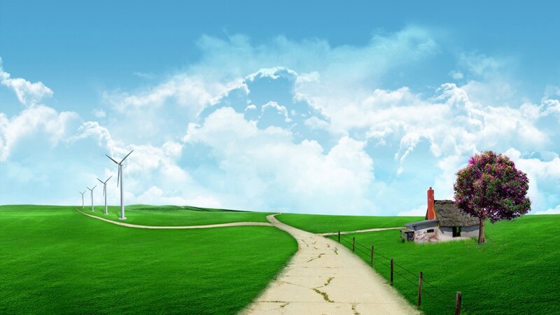 Green fields with wind turbines