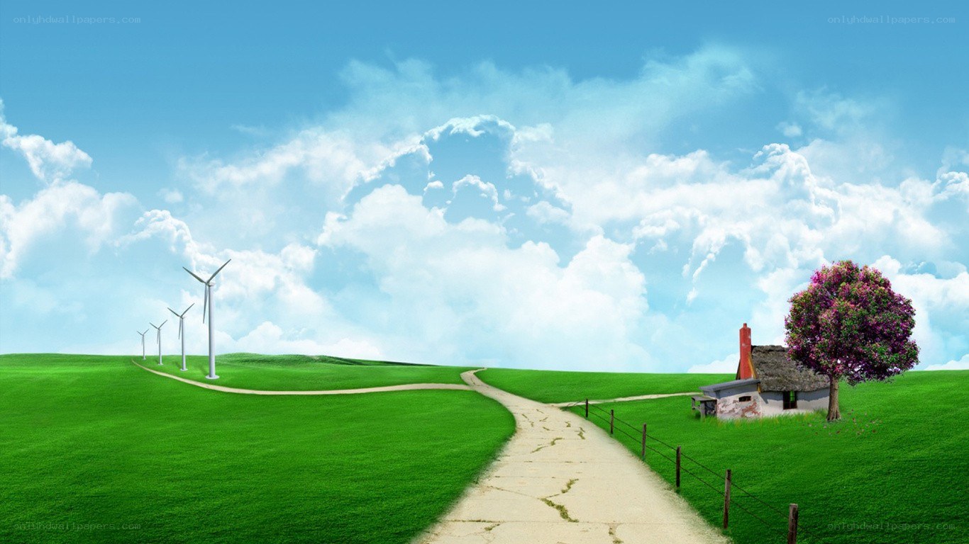 Green fields with wind turbines