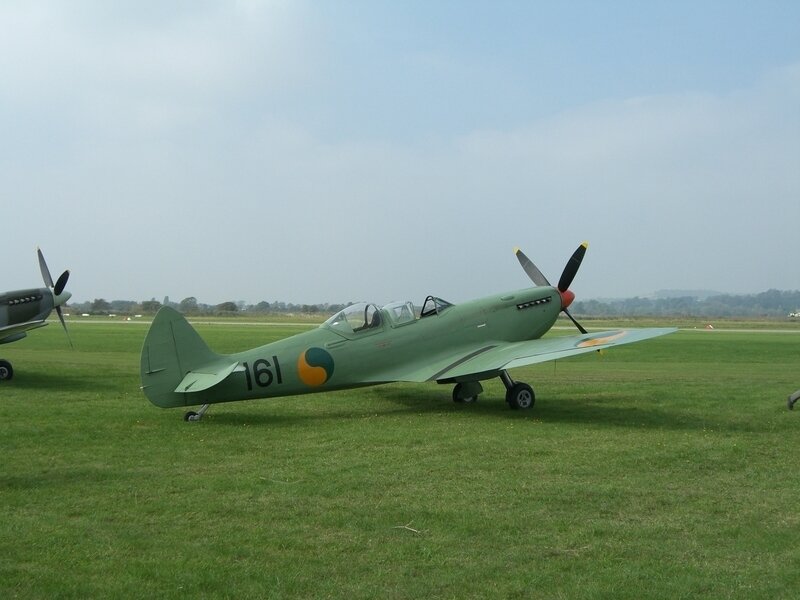 Green fighter plane on grass