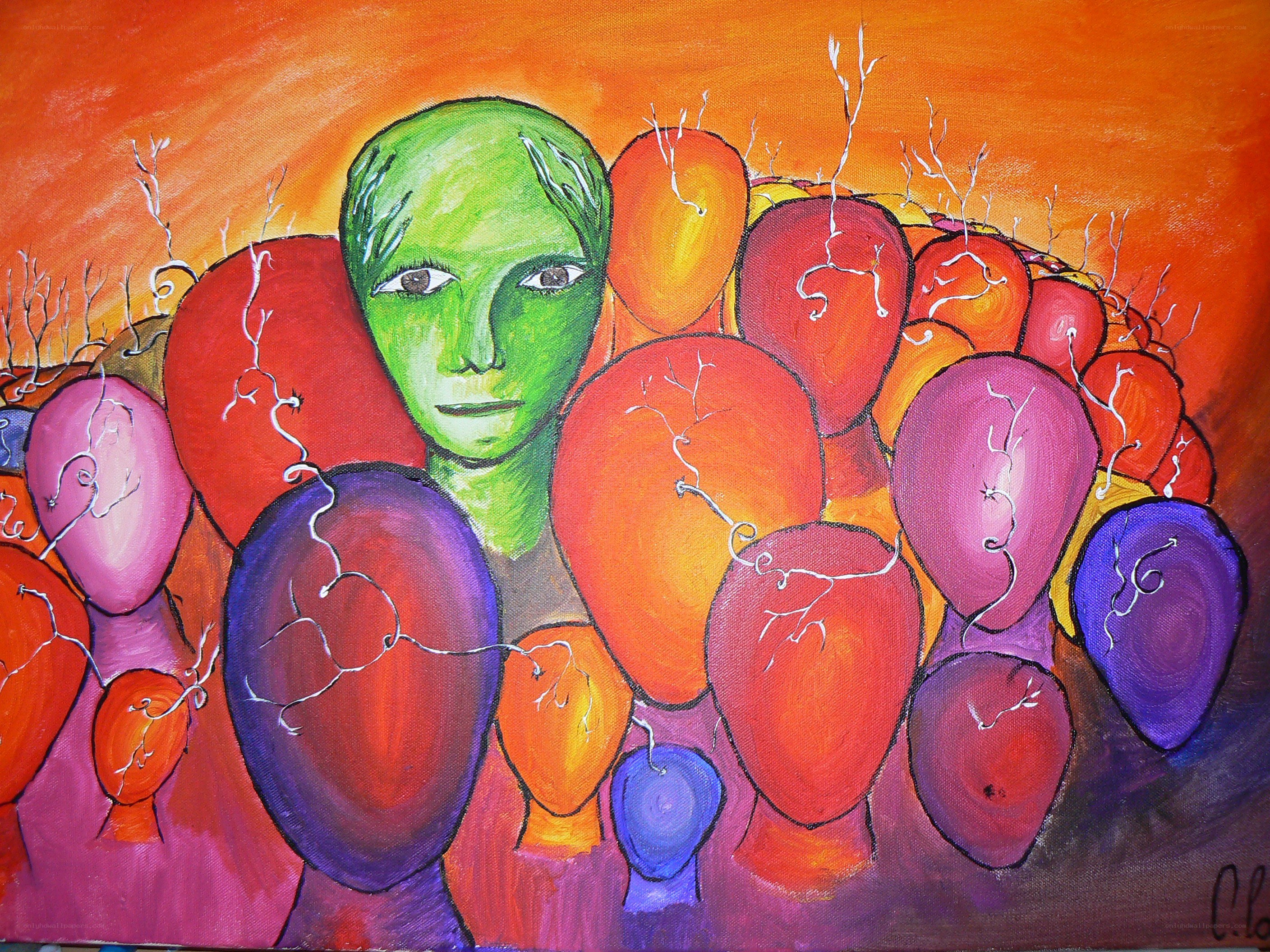 green figure among colorful heads