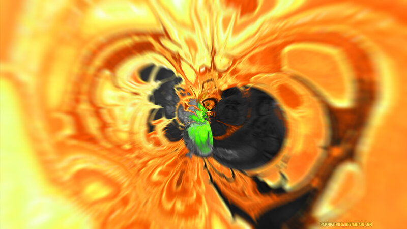 Green Figure in Fiery Tunnel