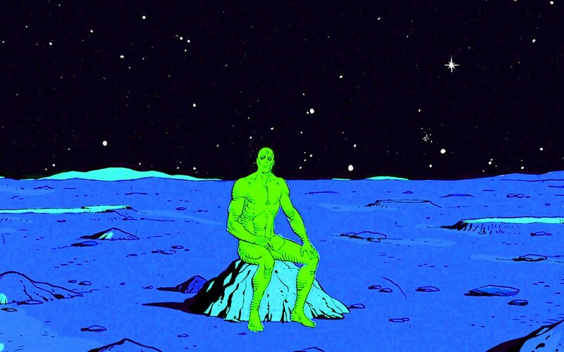 green figure on alien planet