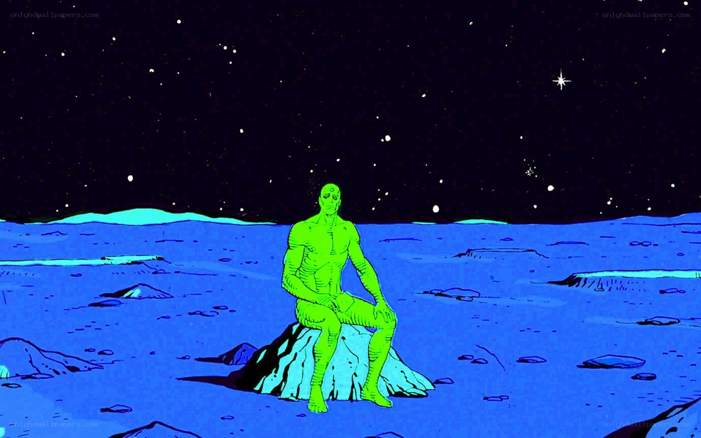 green figure on alien planet