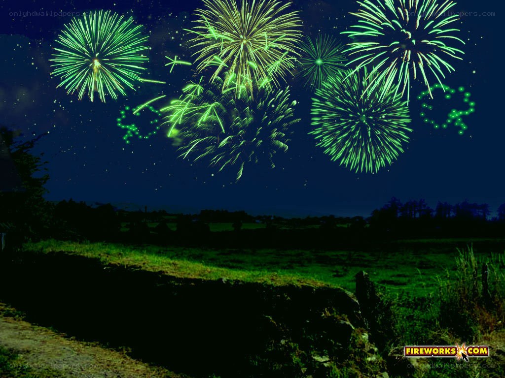 Green fireworks over a field