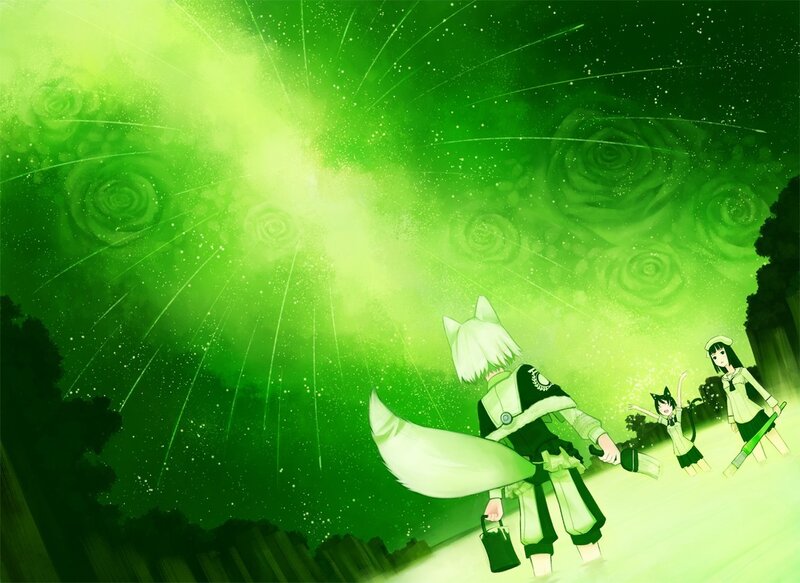 green fireworks with anime characters