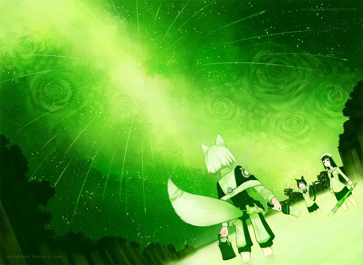 green fireworks with anime characters
