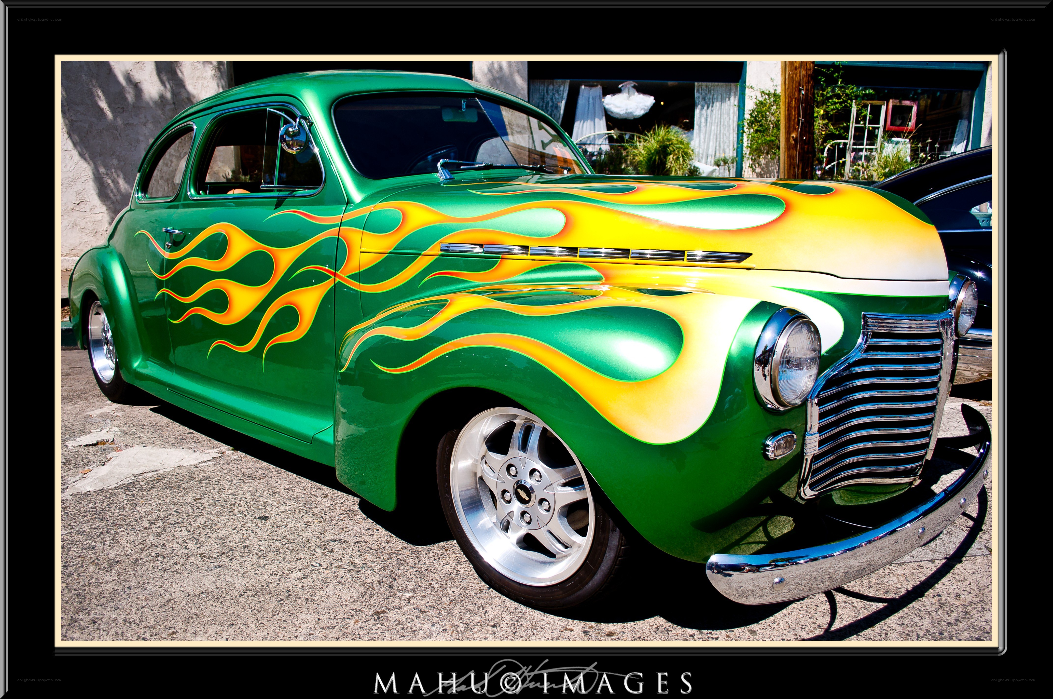 Green flame-painted classic car