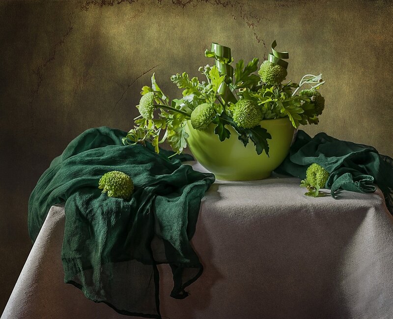 Green Flowers in Bowl