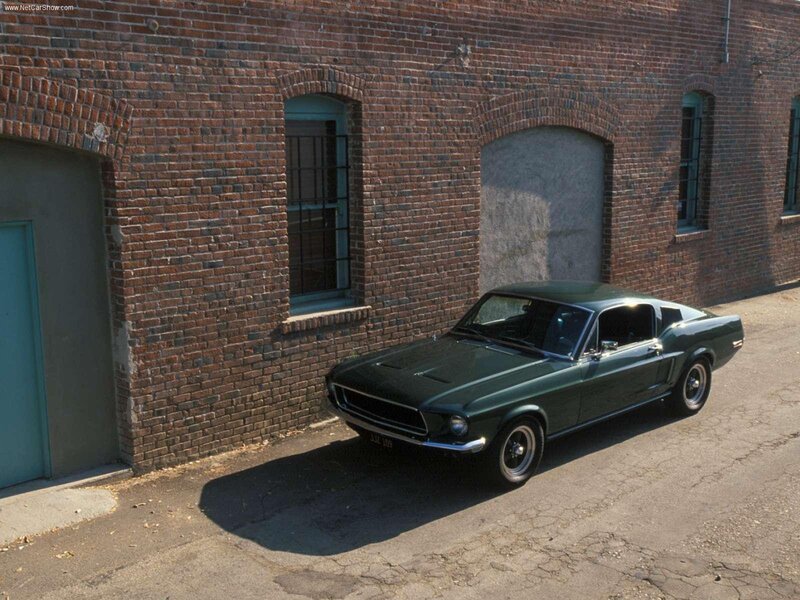 Green Ford Mustang parked by brick building