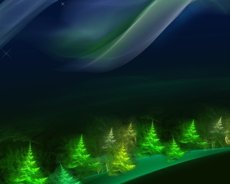 Green forest under aurora