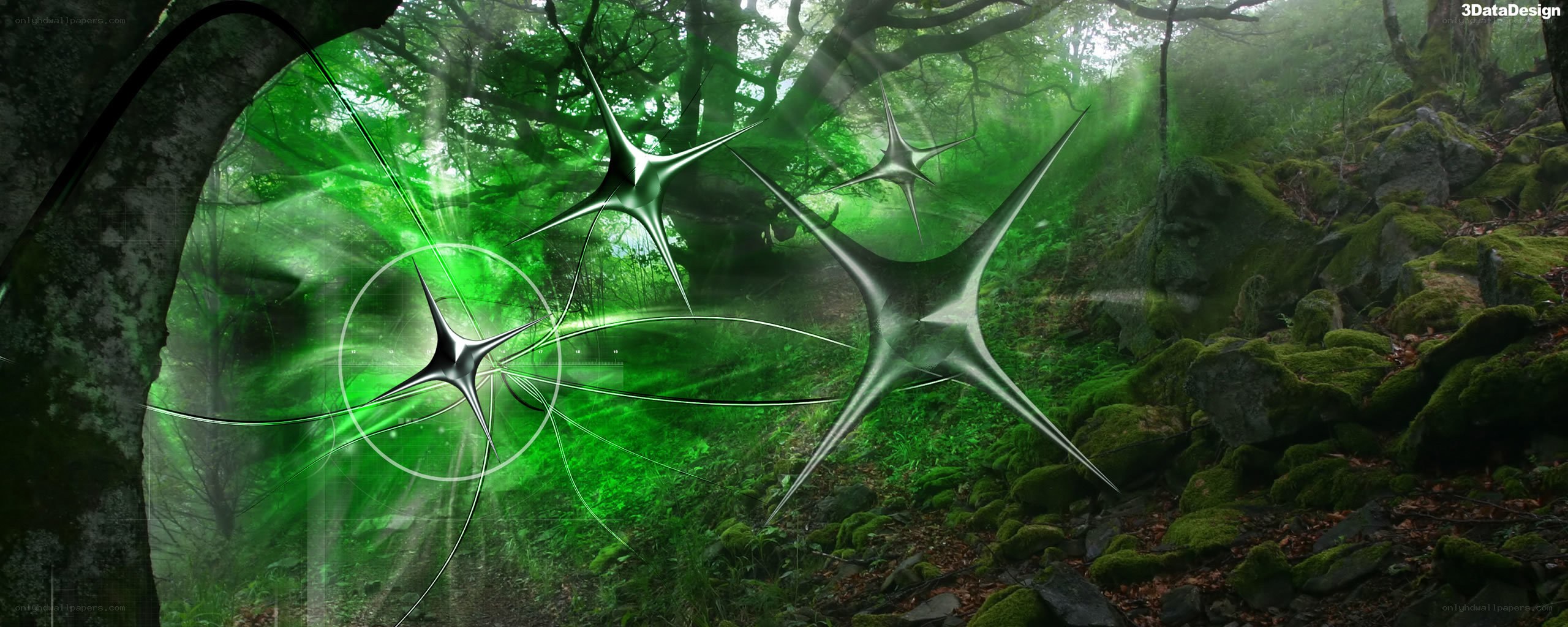 Green forest with glowing stars