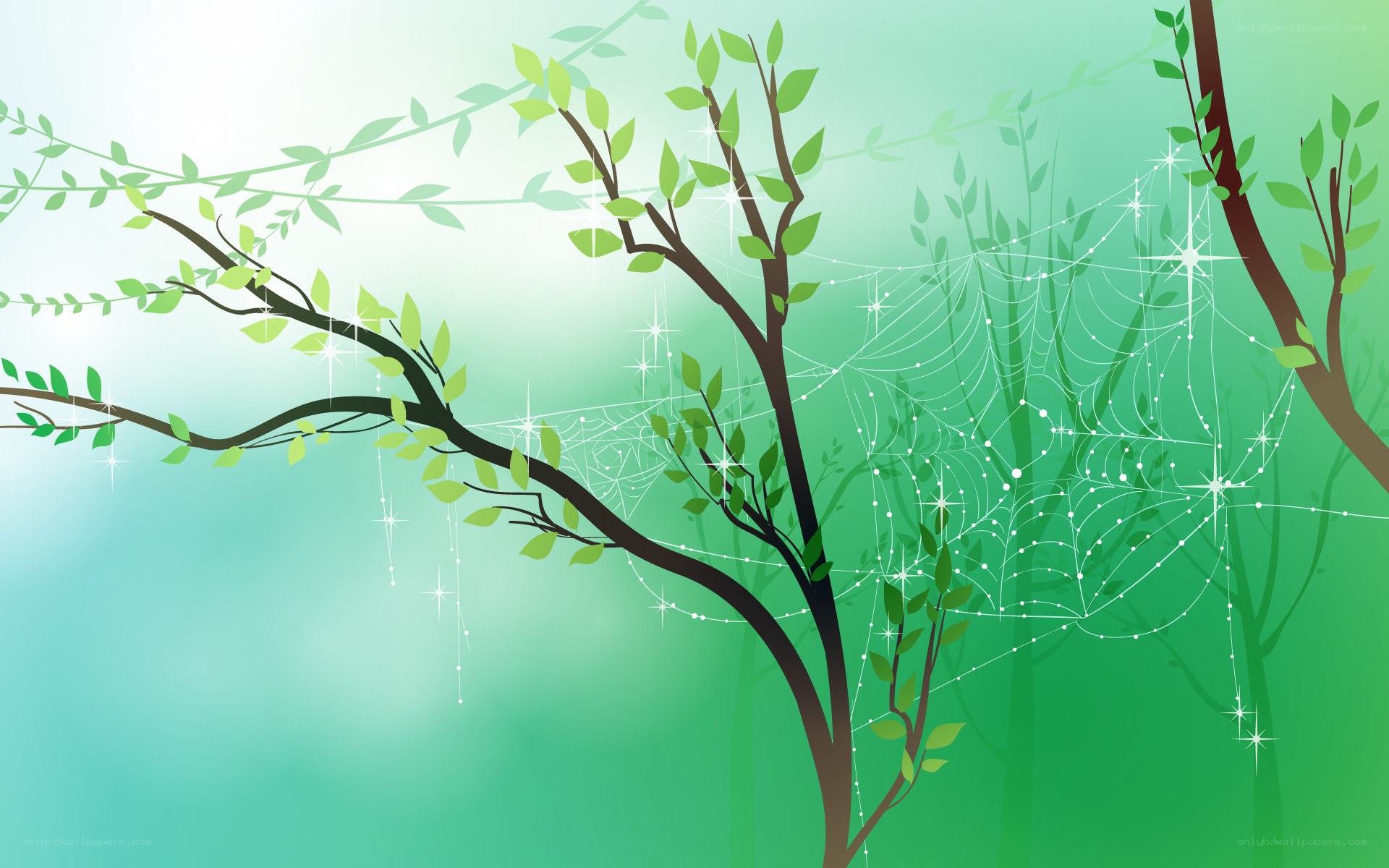 green forest with spiderwebs