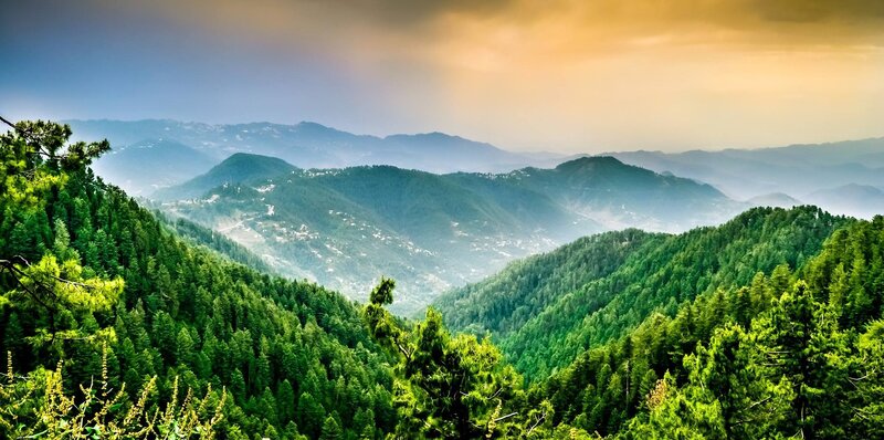 Green Forested Mountains — Serene, Sunset