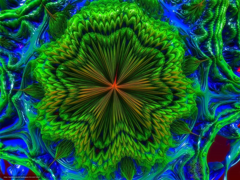Green Fractal Flower — Vibrant, Digital Art, Blue Swirls