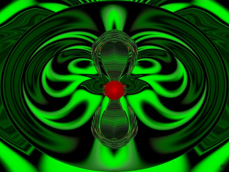 Green Fractal Pattern — Hypnotic, Abstract, Red Sphere