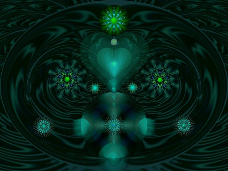 Green Fractal Pattern — Hypnotic, Digital Art, Flowers, Heart