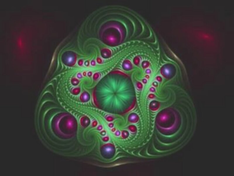 Green Fractal Pattern — Hypnotic, Digital Art, Purple Spheres
