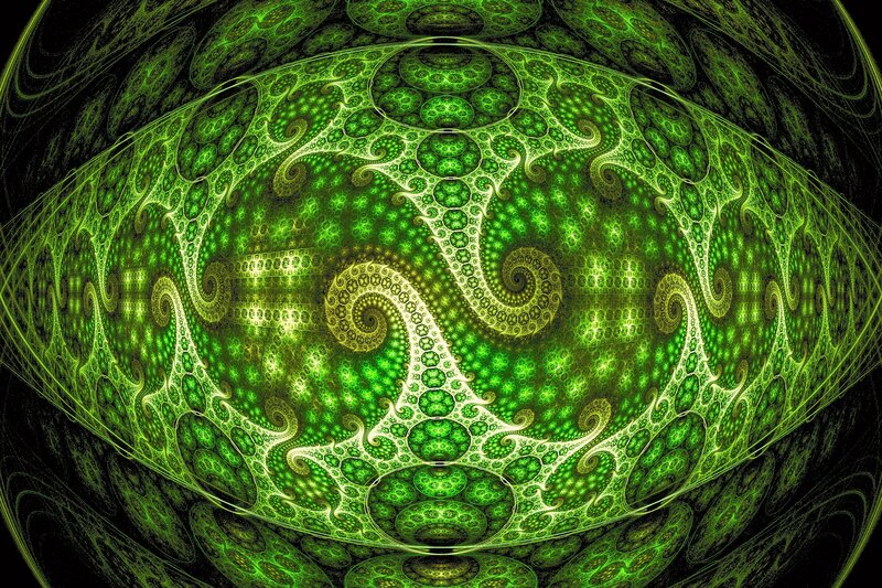 Green Fractal Pattern — Hypnotic, Digital Art, Spirals, Circles