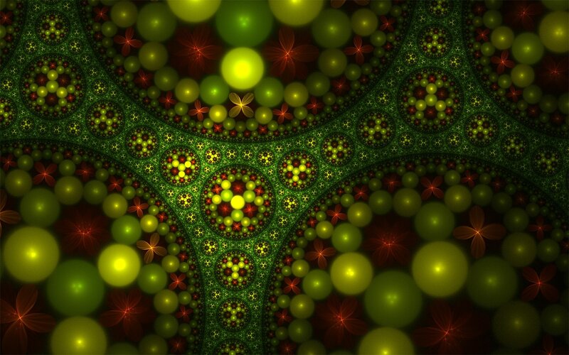 Green fractal pattern with glowing orbs