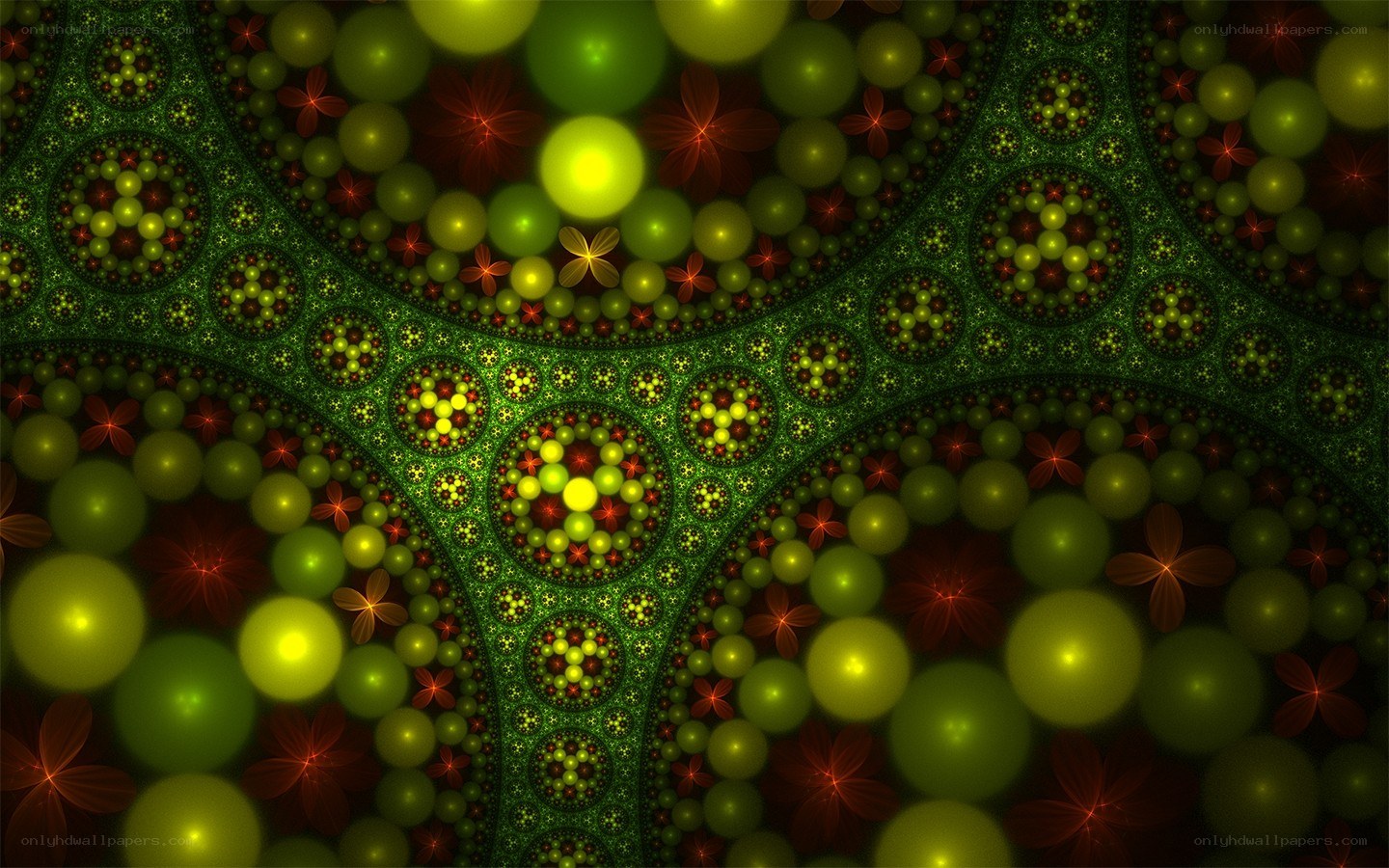 Green fractal pattern with glowing orbs