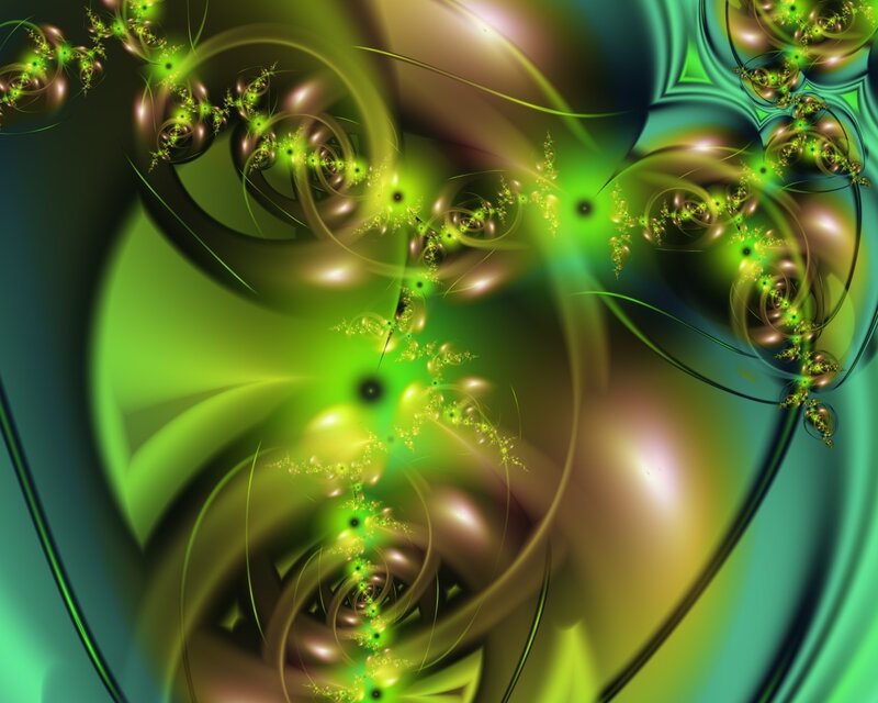 Green Fractal Patterns — Hypnotic, Abstract, Spirals, Glowing Lights, Curves