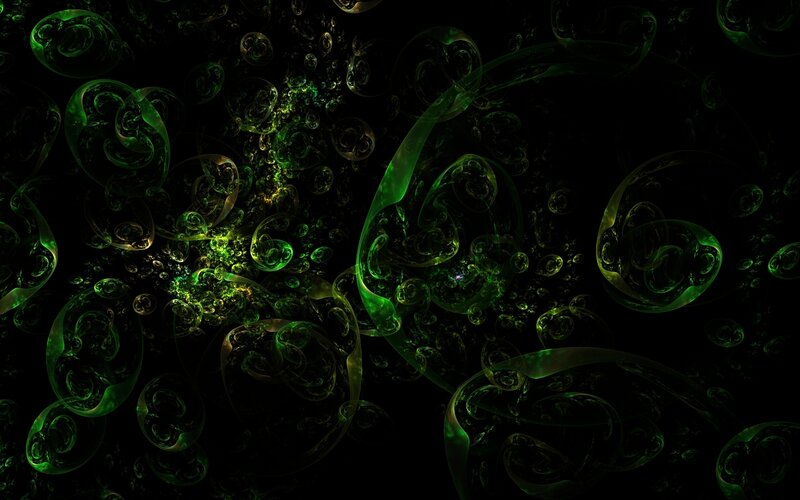 Green fractal swirls on black