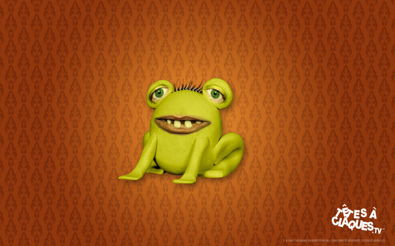 green frog character on wallpaper