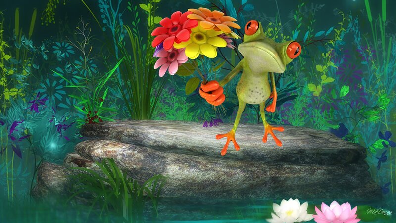 Green Frog Holding Flowers