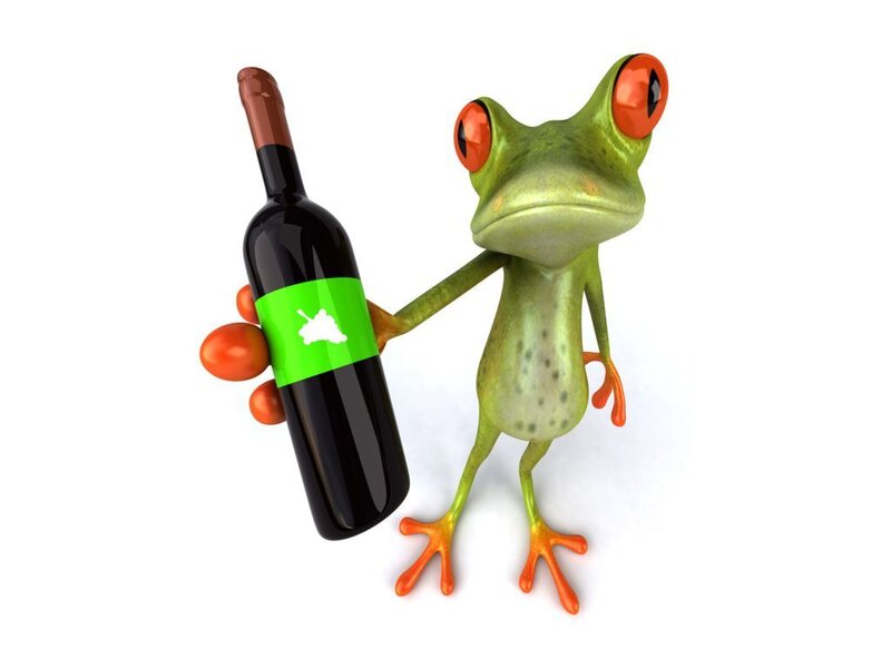 Green Frog Holding Wine Bottle