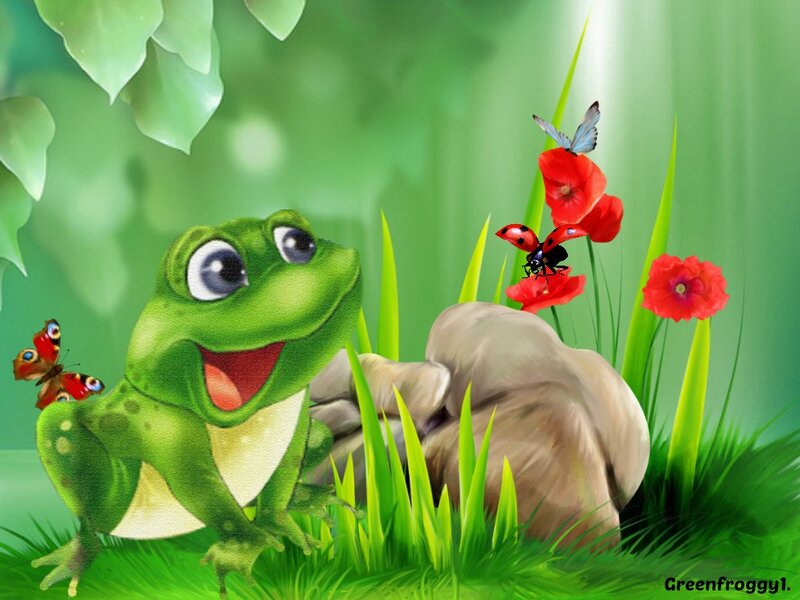 Green Frog in Grass — Playful, Spring, Digital Art