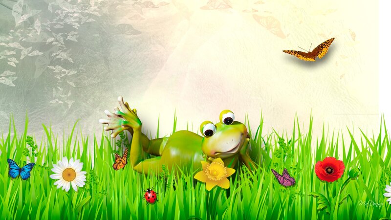 Green Frog in Grass — Playful, Spring
